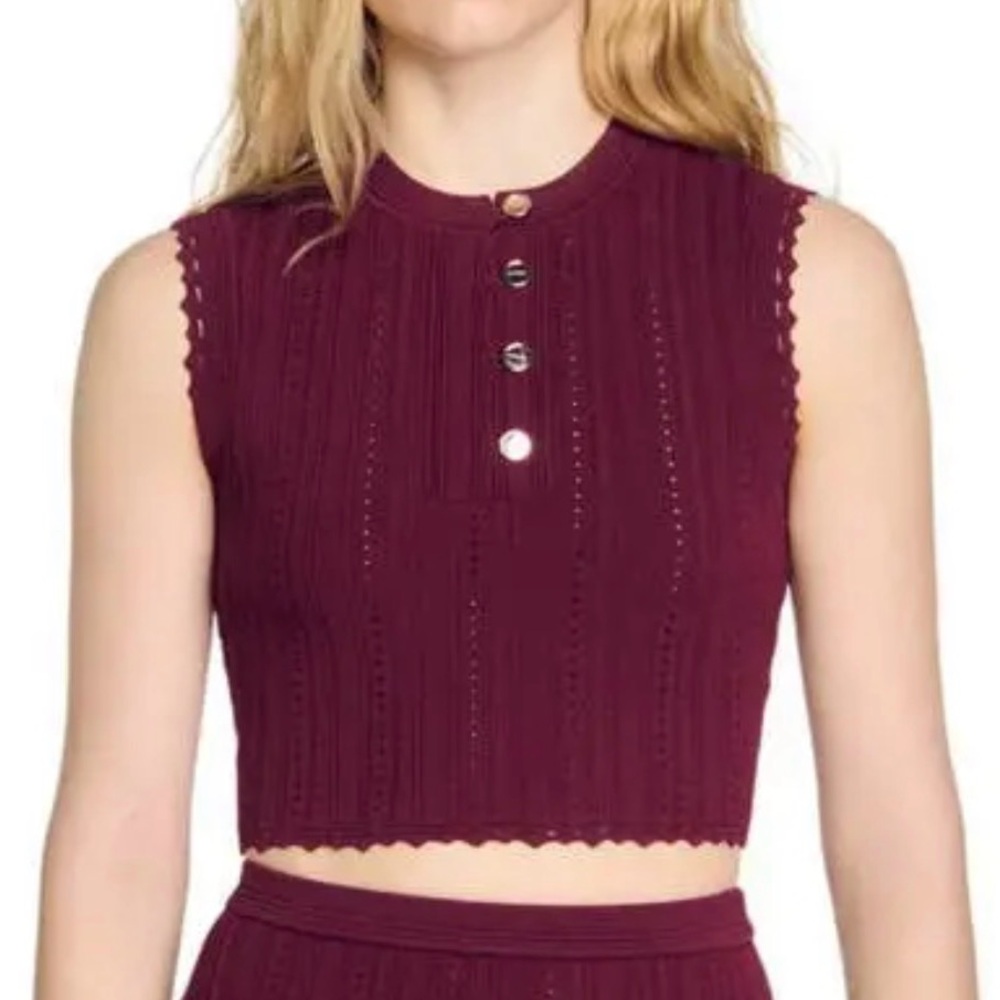 Sandro Sleeveless Cropped Top - Bordeaux - Button-Front Ribbed - XS